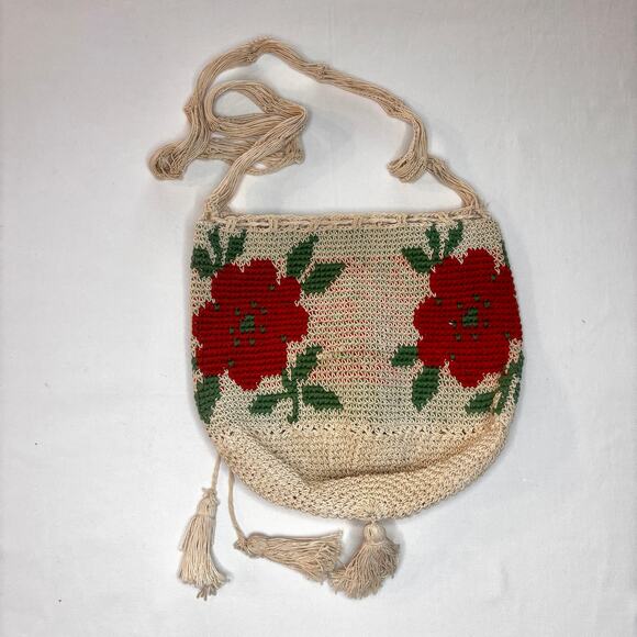 Antique 1920s Macrame Crochet Drawstring Purse Orange Flower Crossbody Tassels - Picture 7 of 16